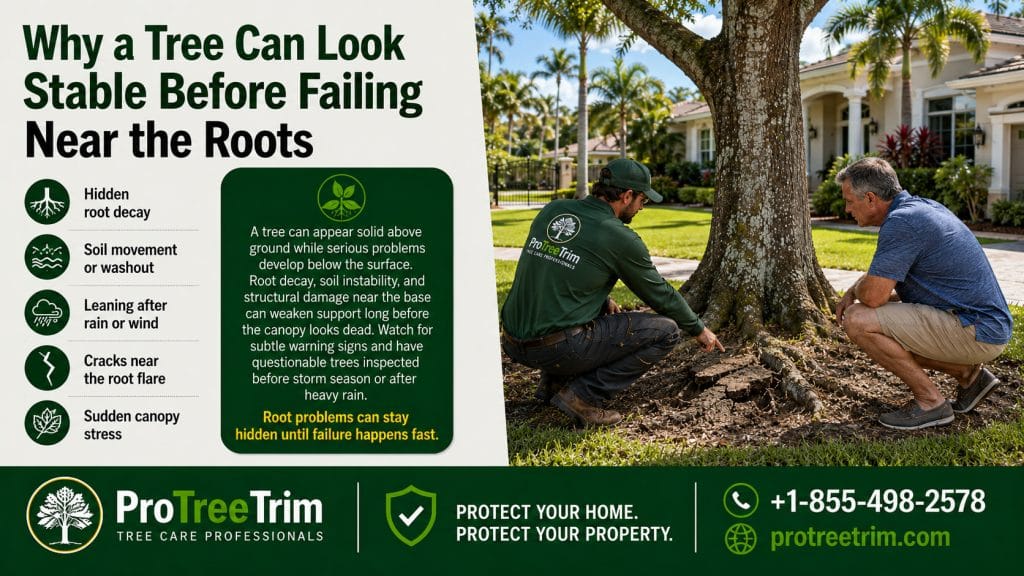 Why a Tree Can Look Stable Before Failing Near the Roots